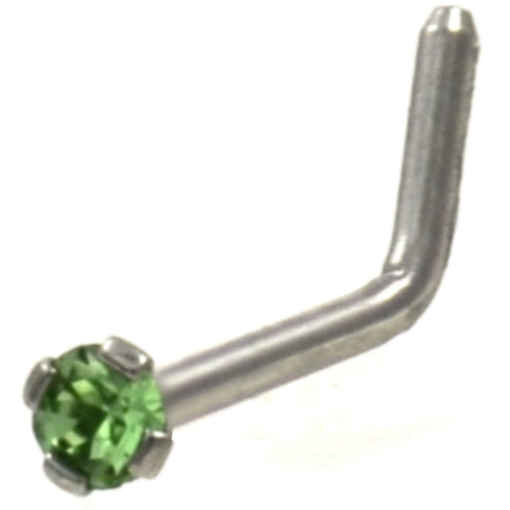 Prong Set Green CZ L Shaped Nose Ring 20G/18G