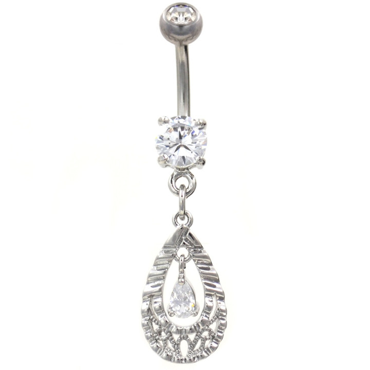 Oval Filigree Teardrop CZ Steel Belly Ring 