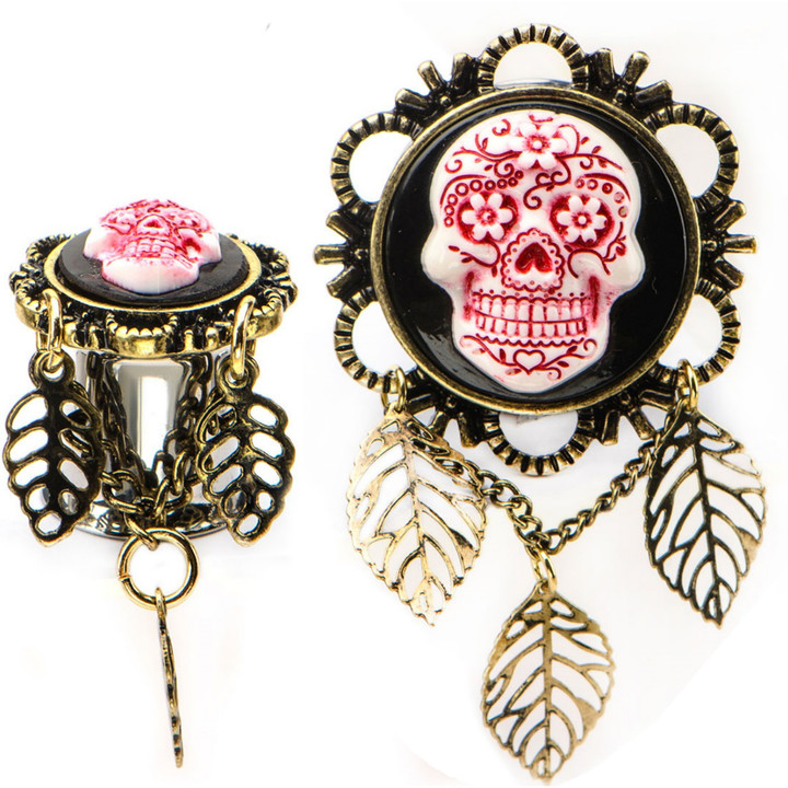 Pink Sugar Skull Triple Leaf Dangle Plugs (2g-1")