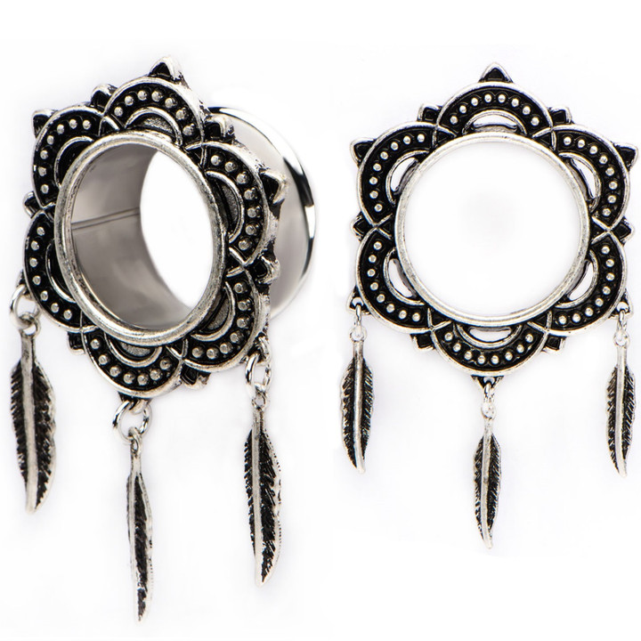 Tribal Floral Triple Feather Dangle Steel Tunnels (2g-1")