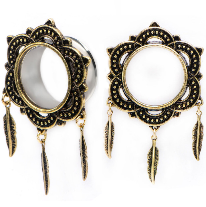 Tribal Floral Triple Feather Dangle Antique Tunnels 