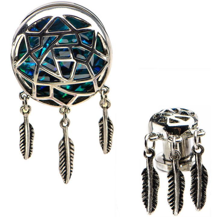 Abalone Dreamcatcher with Feathers Dangle Plugs 