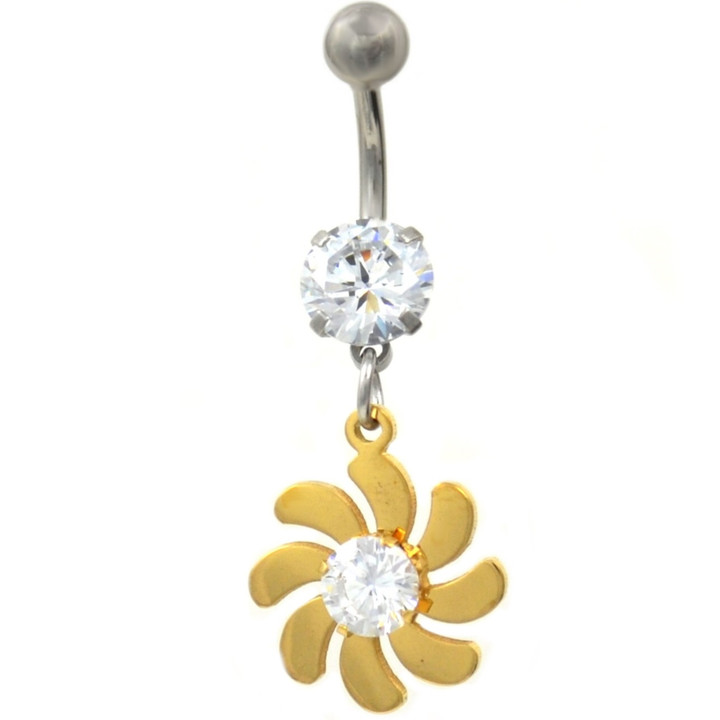 Clear Gem Center Flower Dangle Gold-Tone Belly Ring
