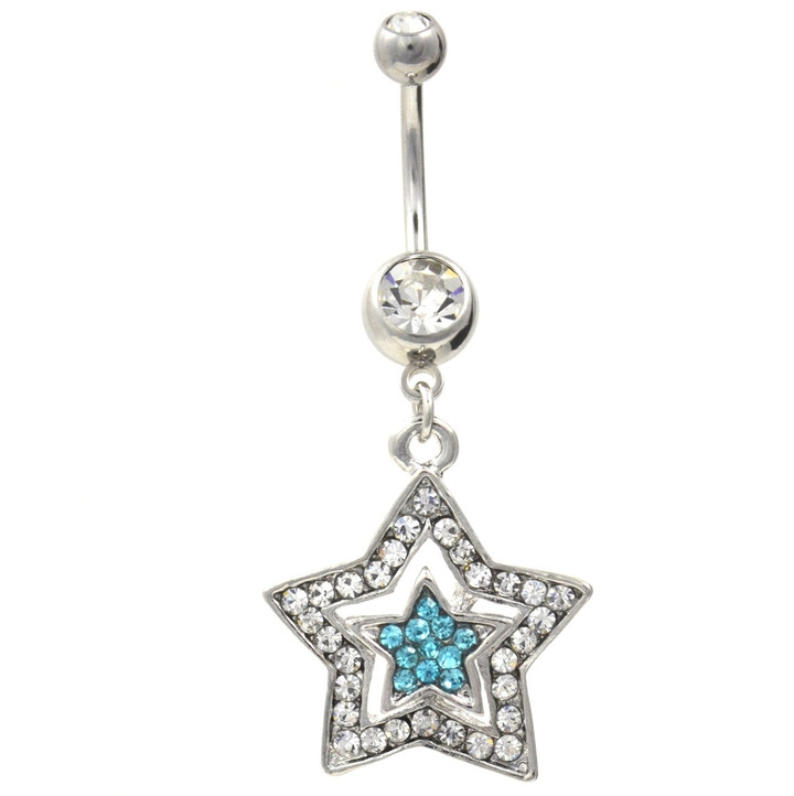 Blue and Clear Double Star Dangle Belly Ring