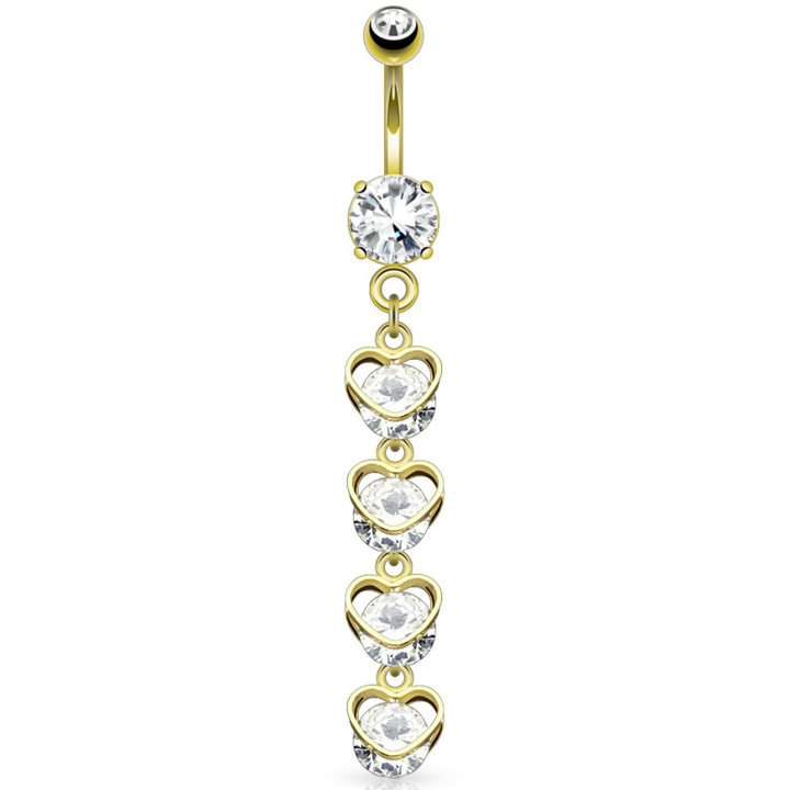 Four Heart CZ Waterfall Gold-Tone Belly Ring