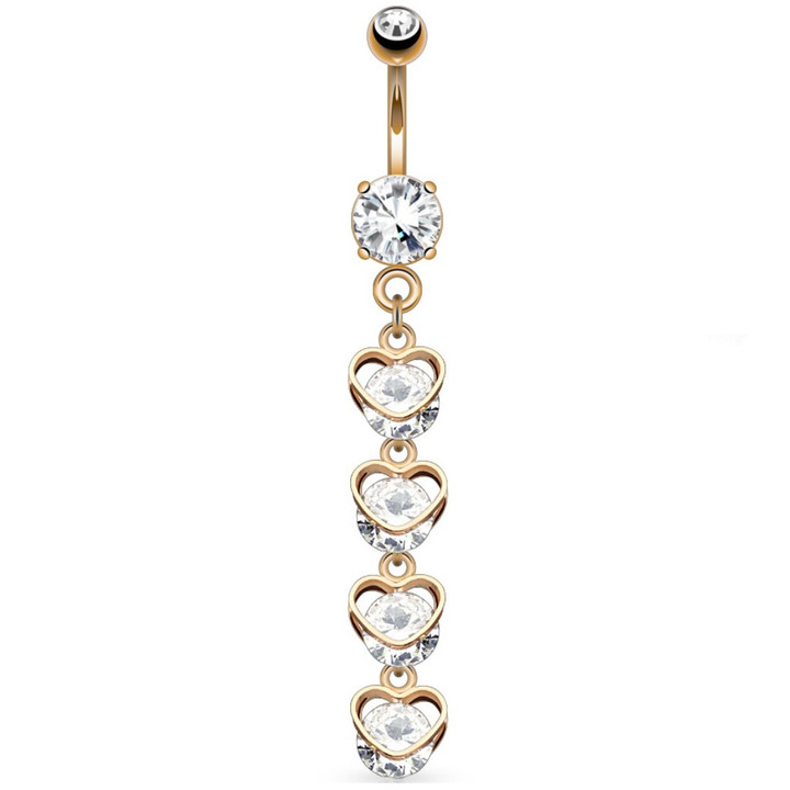 Four Heart CZ Waterfall Rose Gold-Tone Belly Ring
