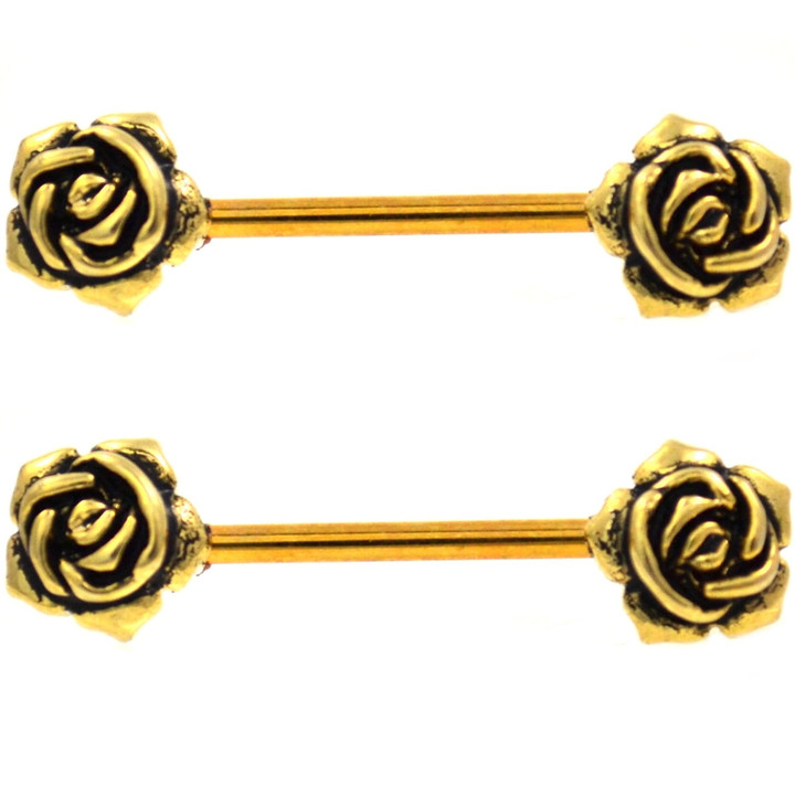 Vintage Style Roses Gold-Tone Nipple Barbells