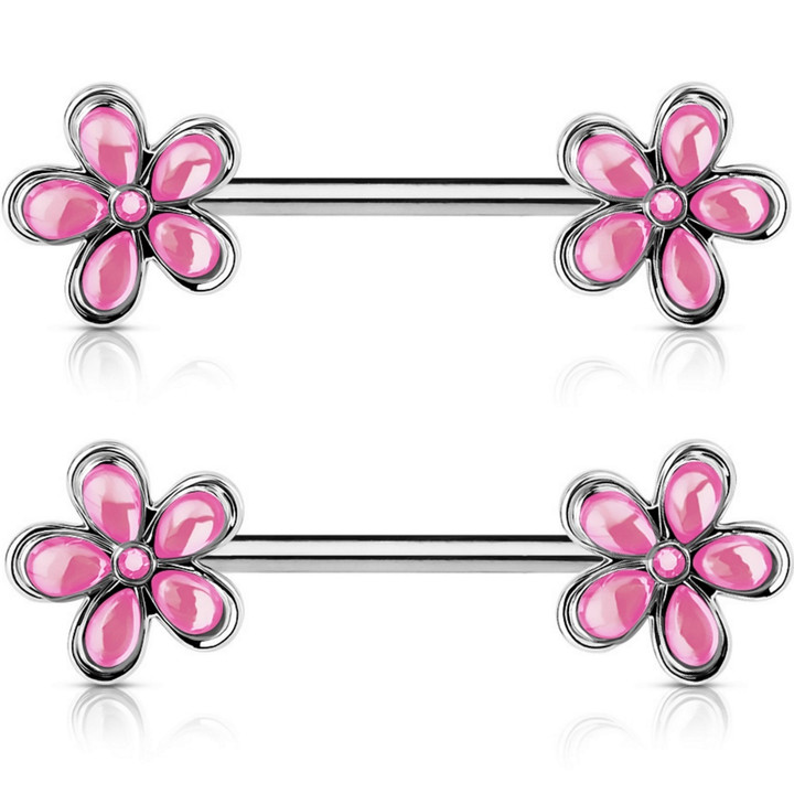 PAIR - Pink Crystal Accent Flowers Nipple Barbells