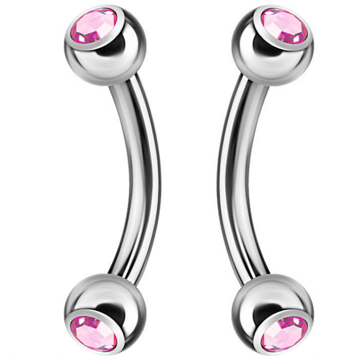 PAIR- Pink Gem Accent Balls Steel Curved Barbells