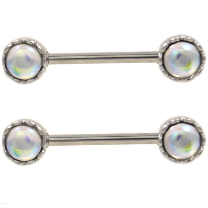 PAIR - Iridescent Rhinestone End Nipple Barbells