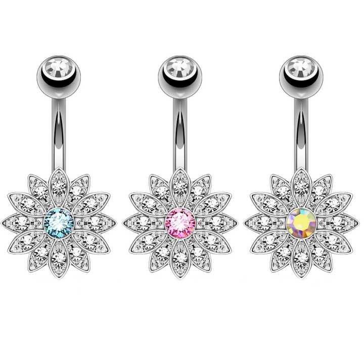 3-Pack Set Crystal Accent Paved Flower Belly Rings