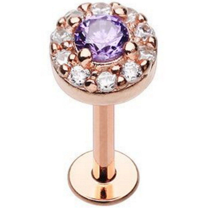 Ornate Clear/Purple CZ Bling Rose Gold-Tone Labret 16G Ornate Clear/Purple CZ Bling Rose Gold-Tone Labret 16G