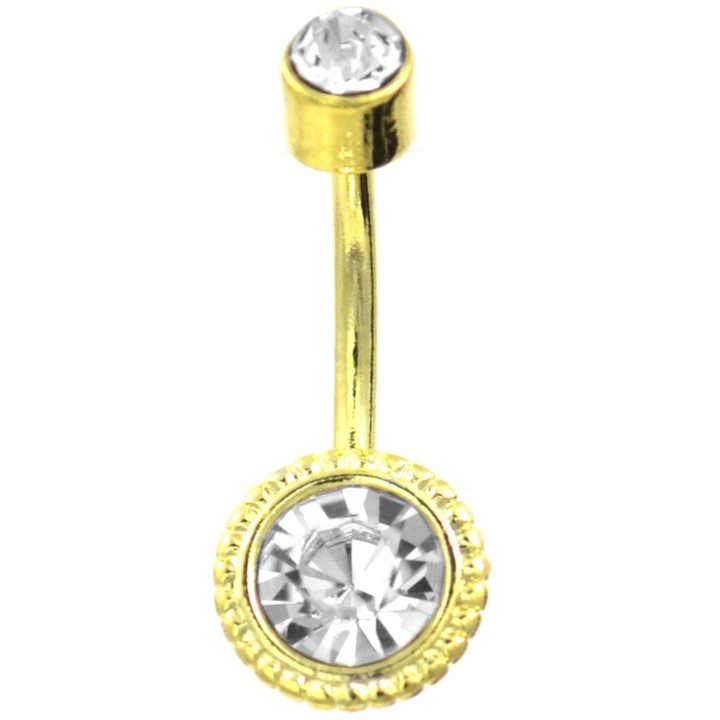 Framed CZ Barrel Top Gold-Tone Steel Belly Ring Framed CZ Barrel Top Gold-Tone Steel Belly Ring