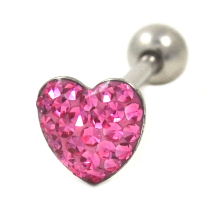 Pink Crystal Paved Heart Tongue Ring Barbell 14g 5/8"