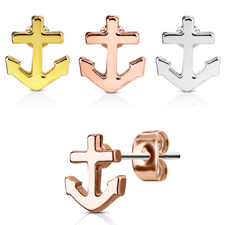 Nautical Anchor Top Stud Earrings (Steel & Brass)