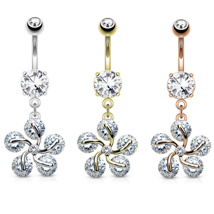 Five CZ Flower Swirl Dangle Belly Ring