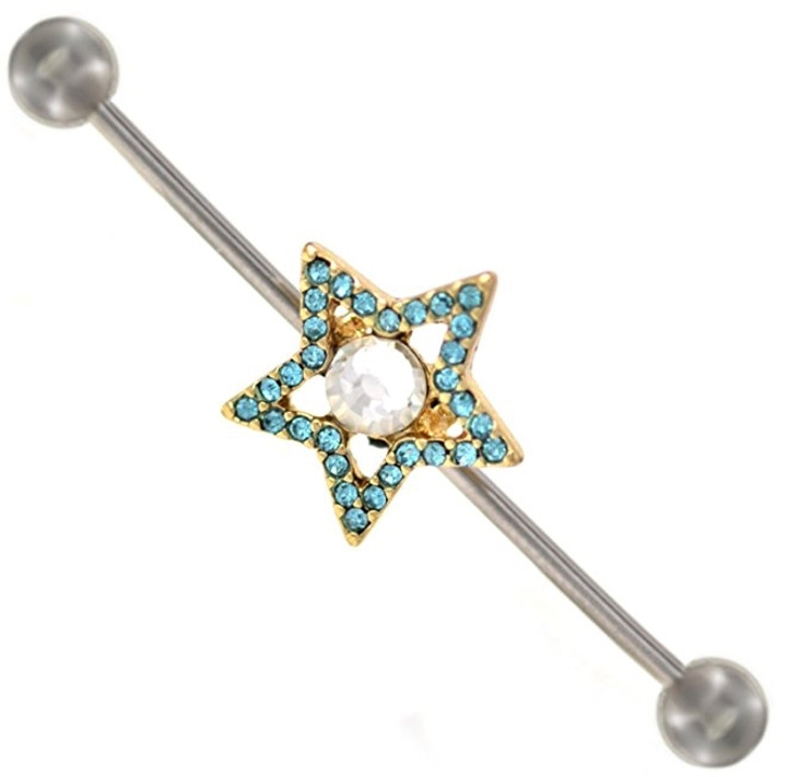 Clear/Aqua Star Dazzle Industrial Bar 14G 1 & 1/2"  Clear/Aqua Star Dazzle Industrial Bar 14G 1 & 1/2"