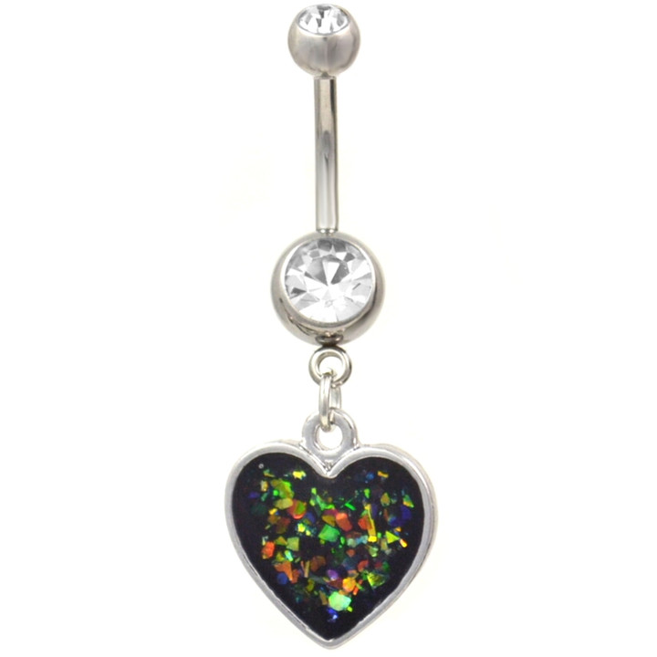 Glitter Heart Dangle Steel Belly Ring Glitter Heart Dangle Steel Belly Ring