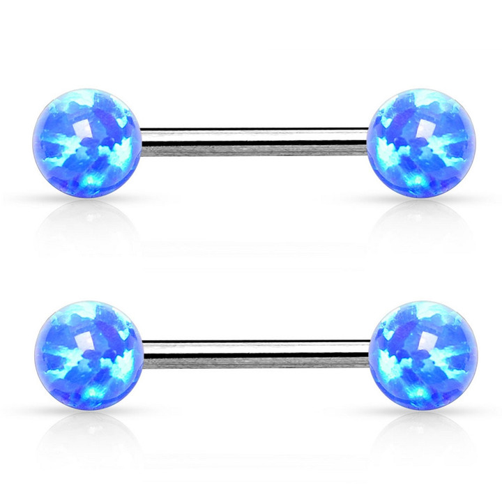 PAIR - Blue Synthetic Opal Ball End Nipple Ring Barbells PAIR - Blue Synthetic Opal Ball End Nipple Ring Barbells