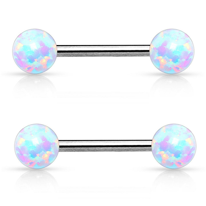 PAIR - White Synthetic Opal Ball End Nipple Ring Barbells PAIR - White Synthetic Opal Ball End Nipple Ring Barbells