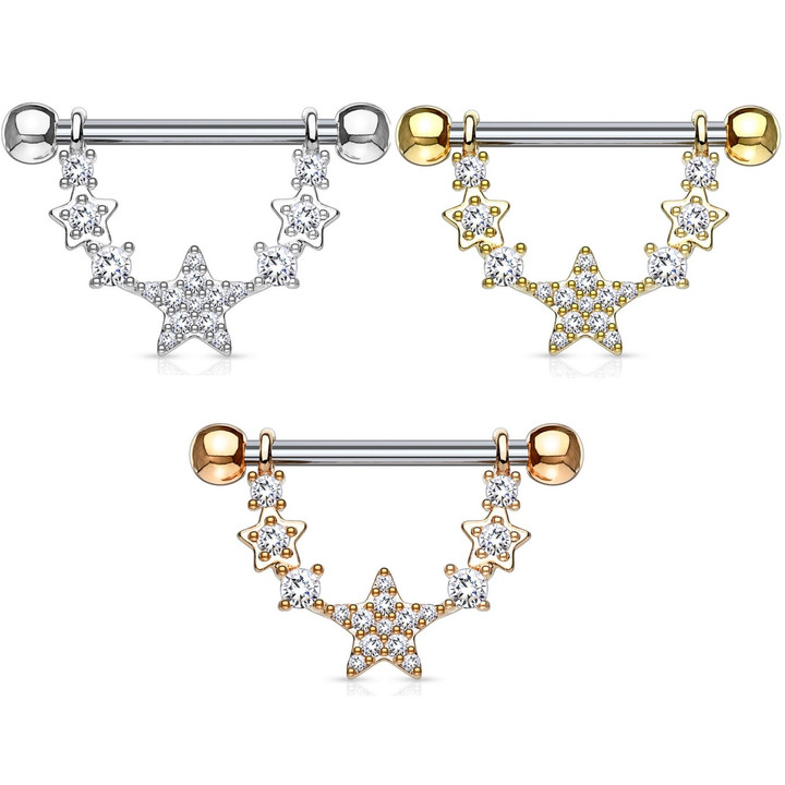 PAIR - CZ Linked Stars Nipple Barbells 14G  PAIR - CZ Linked Stars Nipple Barbells 14G