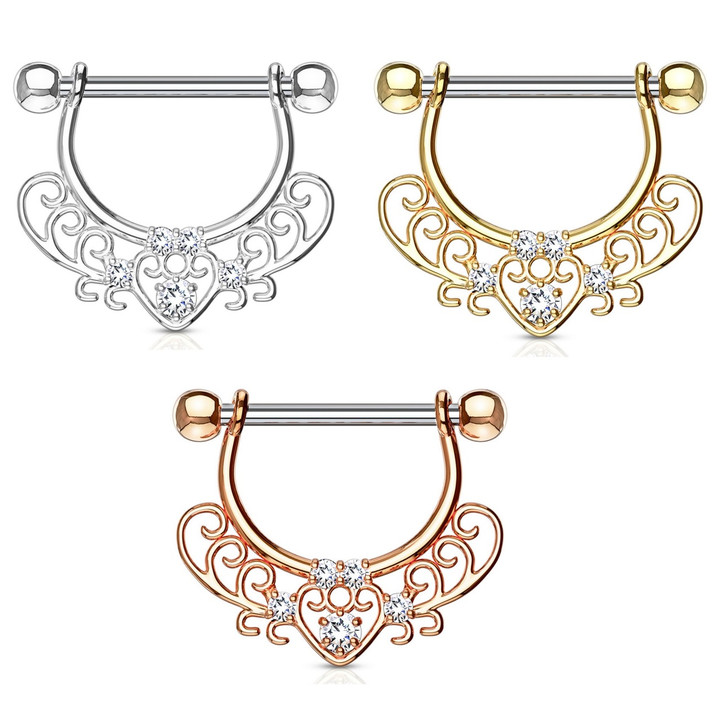 PAIR - Heart Center Filigree Nipple Barbells 14G  PAIR - Heart Center Filigree Nipple Barbells 14G