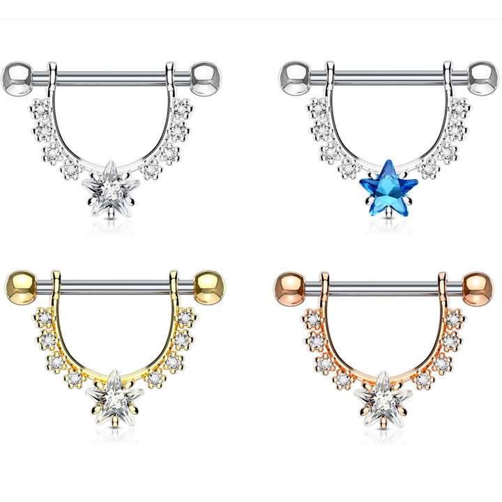 PAIR - Star CZ & Gem Lined Nipple Barbells 14G PAIR - Star CZ & Gem Lined Nipple Barbells 14G
