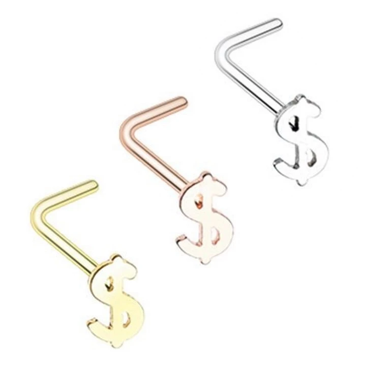 3-Pack Set Money $ Sign L Shaped Nose Rings 20G
