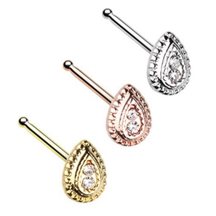 3-Pack Set Clear Accent Teardrop Nose Ring Studs