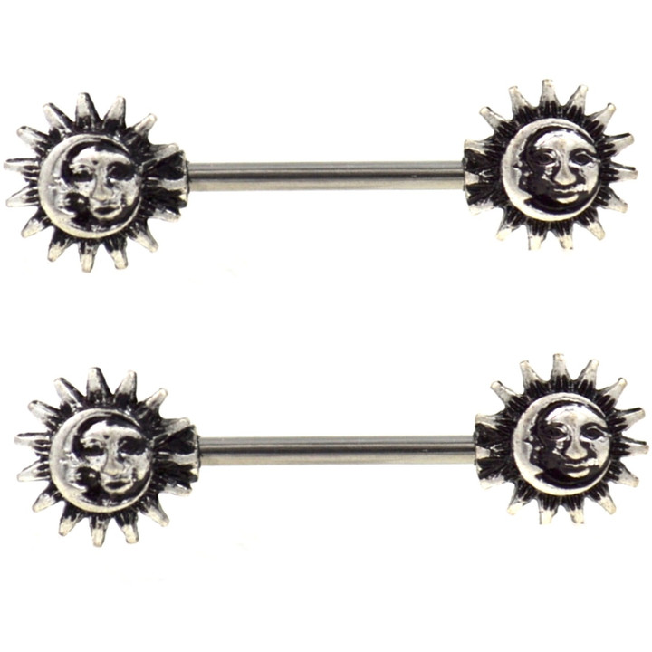 PAIR - Sun & Moon Steel Nipple Ring Barbells  PAIR - Sun & Moon Steel Nipple Ring Barbells