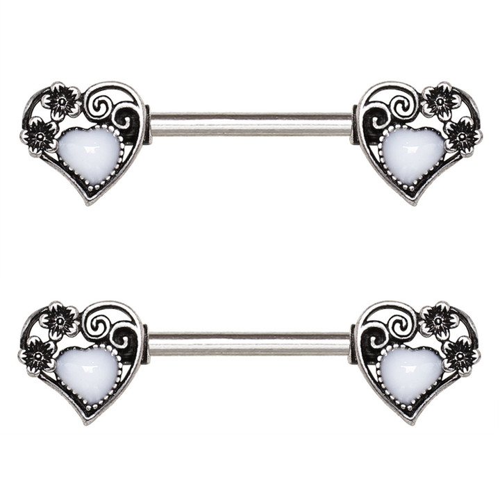 PAIR - Floral Steampunk Hearts Steel Nipple Rings PAIR - Floral Steampunk Hearts Steel Nipple Rings