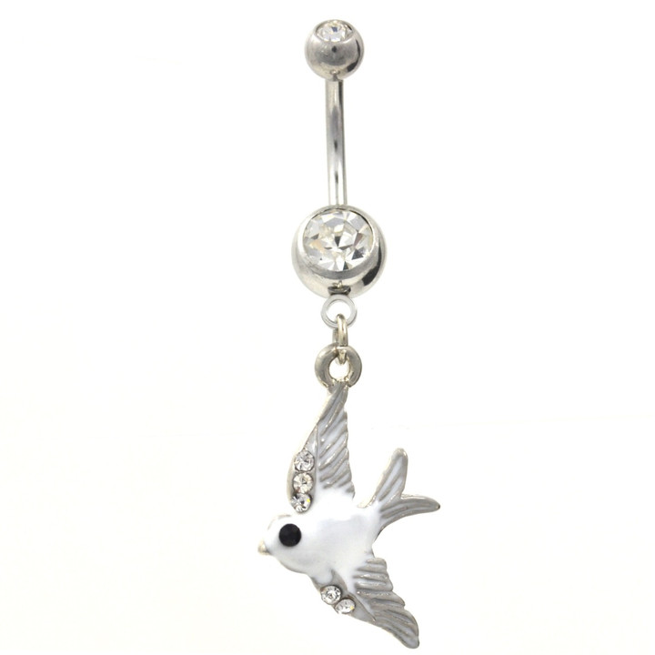 White Enamel Bird Dangling Belly Ring w/Gems