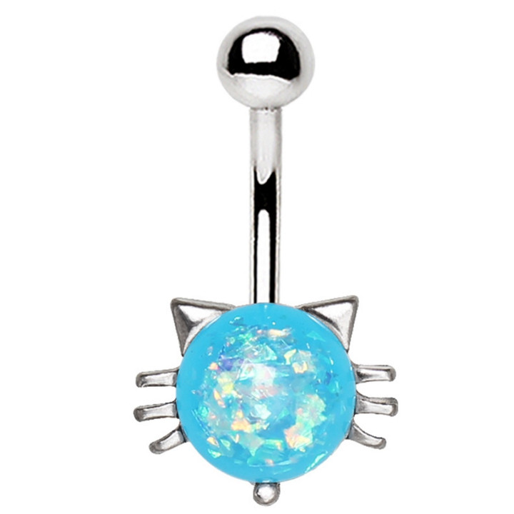 Blue Synthetic Opal Kitty Cat Steel Belly Ring