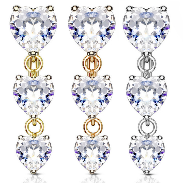 Triple Heart CZ Top Drop Dangle Steel Belly Ring Triple Heart CZ Top Drop Dangle Steel Belly Ring