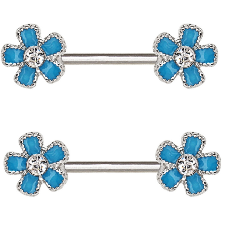 PAIR - Light Blue Flowers Steel Nipple Ring Barbells PAIR - Light Blue Flowers Steel Nipple Ring Barbells