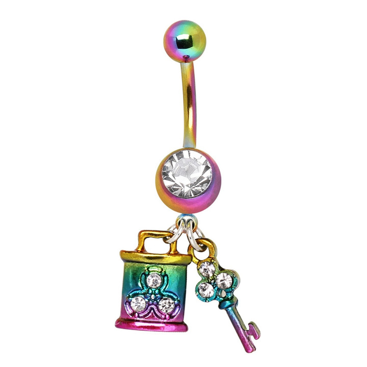 Rainbow Lock & Key Dangle Belly Ring