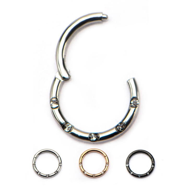 3PC Lot 5-Gem Hinged Segment Ring Hoops 16G