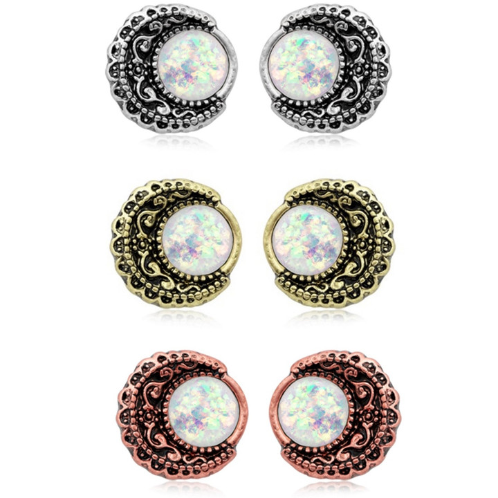 Opalescent Filigree Moon Steel/Brass Stud Earrings 