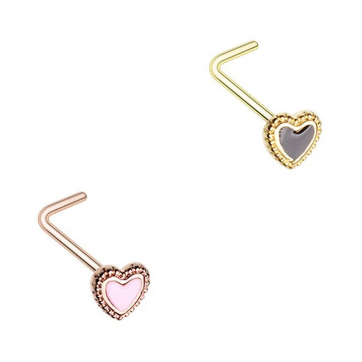 2-Pack Set Hearts Steel L-Shaped Nose Rings
