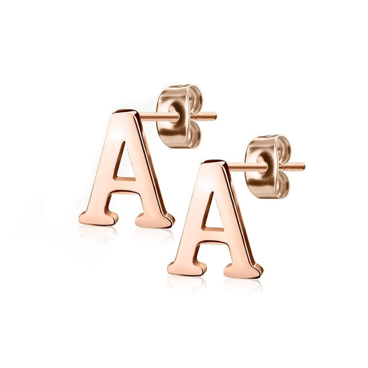 Initial Letter Rose Goldtone Stud Earrings (A-Z Available)