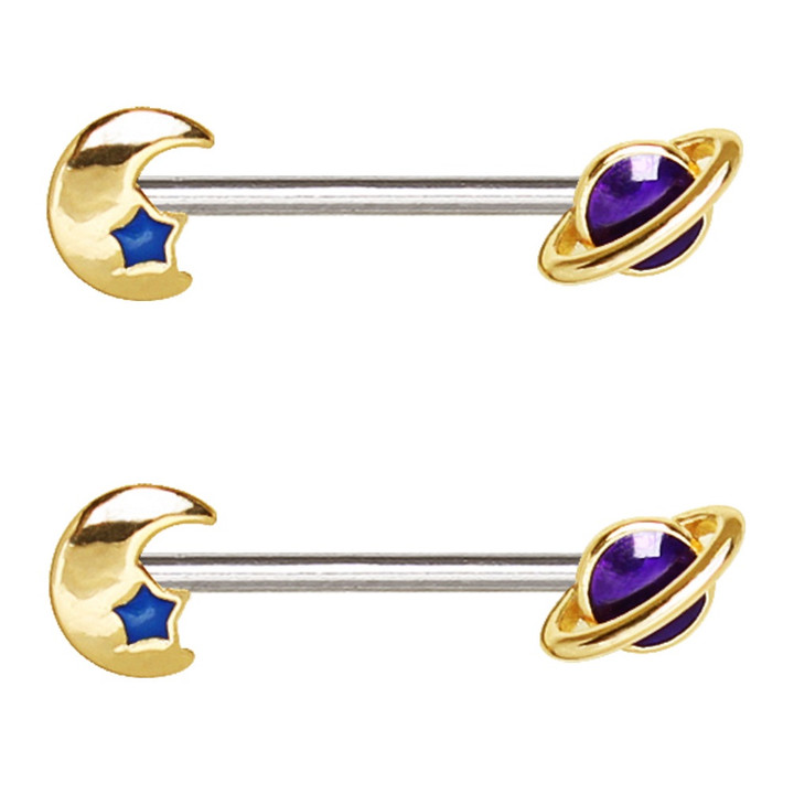 PAIR - Galaxy Planet & Moon Steel Nipple Ring Barbells PAIR - Galaxy Planet & Moon Steel Nipple Ring Barbells