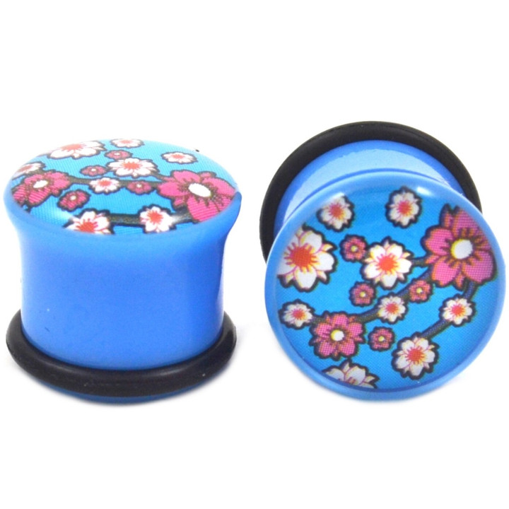 Blue Cherry Blossom Flowers Single Flared Plugs (6g-1")