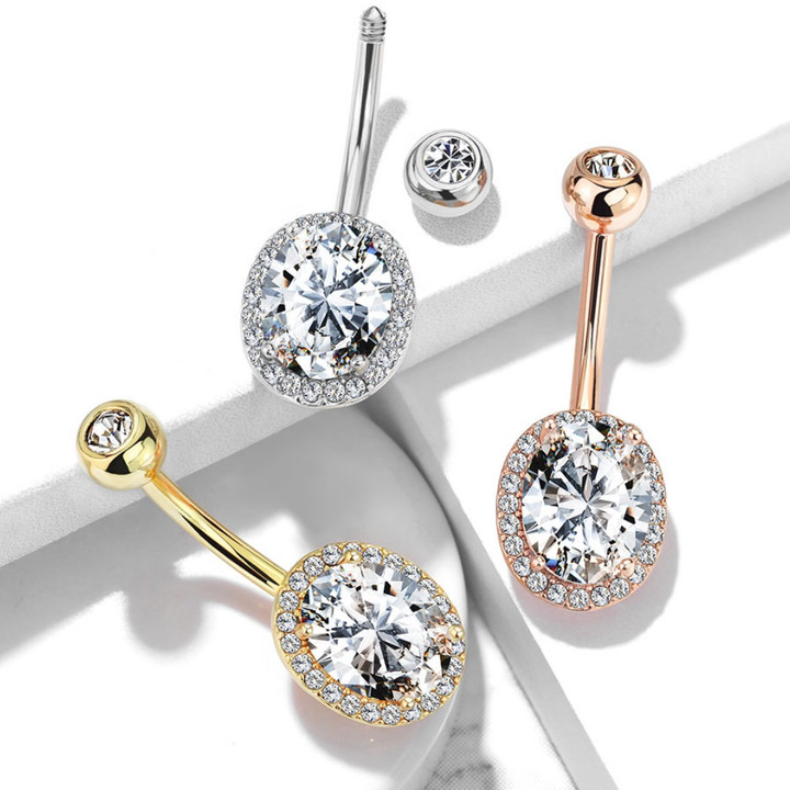 Double Tier Oval CZ Center Steel Belly Ring