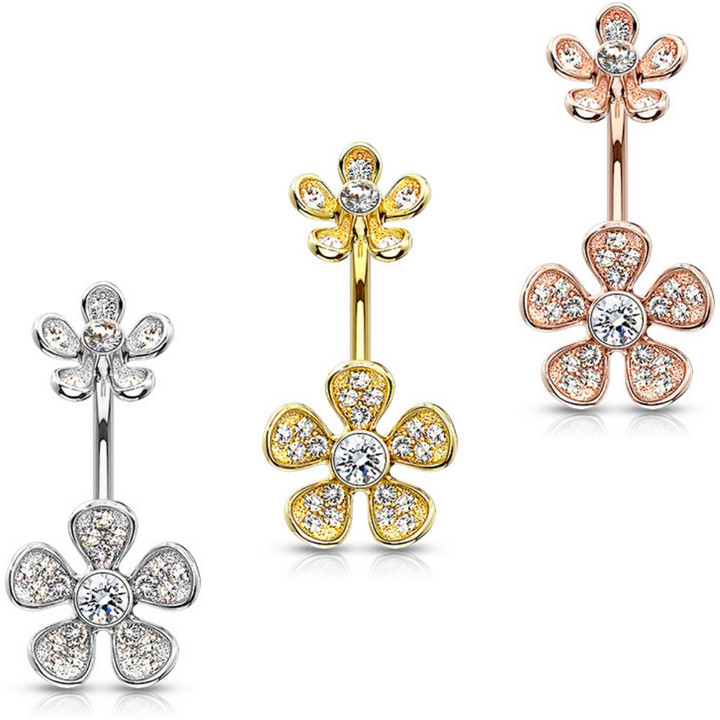 CZ Paved Double Flower Steel Belly Ring CZ Paved Double Flower Steel Belly Ring