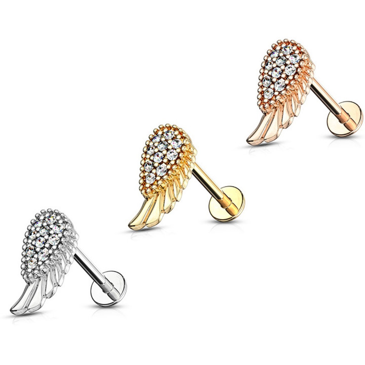 CZ Paved Angel Wing Steel Labret Monroe Bar 16G CZ Paved Angel Wing Steel Labret Monroe Bar 16G