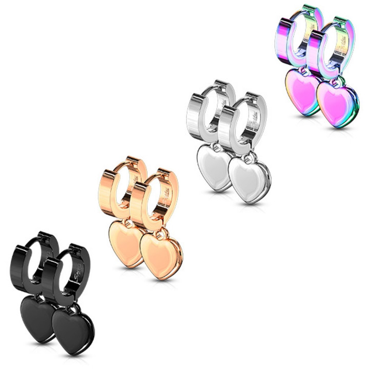 Heart Dangle 3mm Wide Hoop Steel Hinge Earrings Heart Dangle 3mm Wide Hoop Steel Hinge Earrings