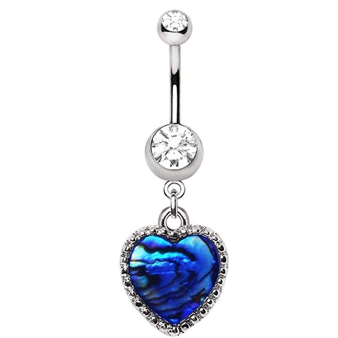 Abalone Inlay Heart Dangle Steel Belly Ring