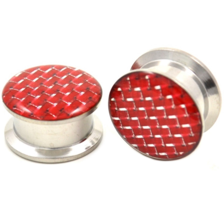 Red & Silver Checker Design Steel Ear Plugs (8g-5/8")
