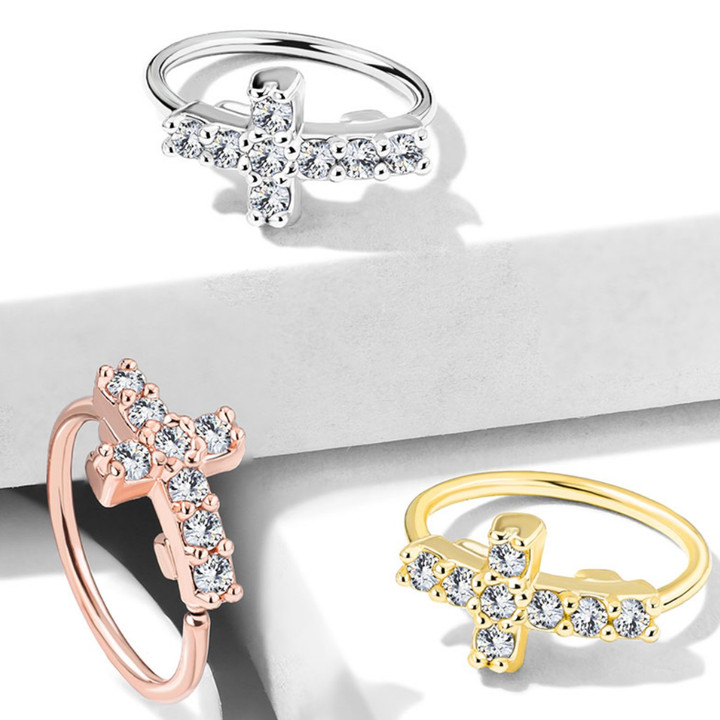 CZ Paved Cross Steel Nose Ring Hoop 20G