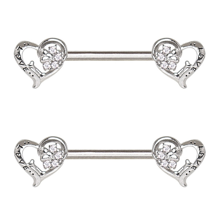 PAIR - Love Script Hearts Steel Nipple Ring Barbells PAIR - Love Script Hearts Steel Nipple Ring Barbells
